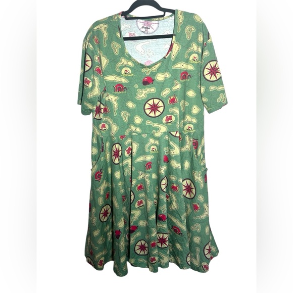 Svaha Green Fantasy Pirate Map Cotton Midi Dress with Pockets – Size 3X - Picture 1 of 5